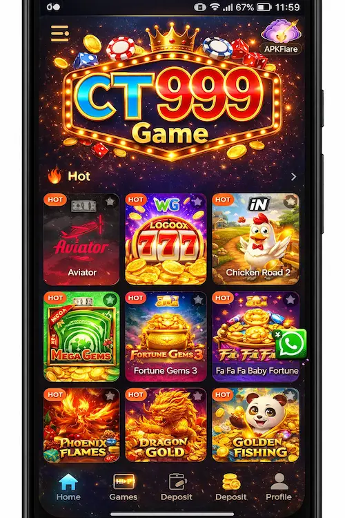CT999 Game casino app interface showing multiple hot games