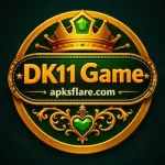 DK11 Game logo with golden crown design, green gemstones, and apksflare.com website name on dark background