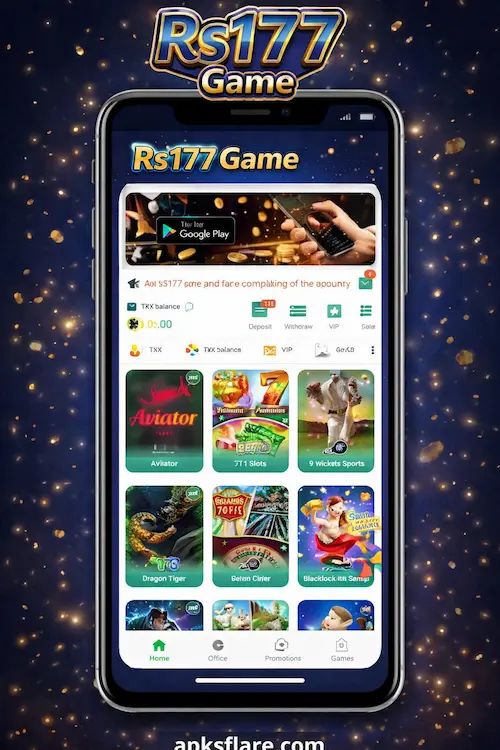 Rs177 Game casino app mobile interface shown on smartphone with apksflare.com branding