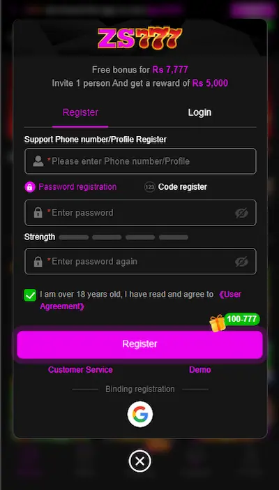 zs777 game register screen android earning app